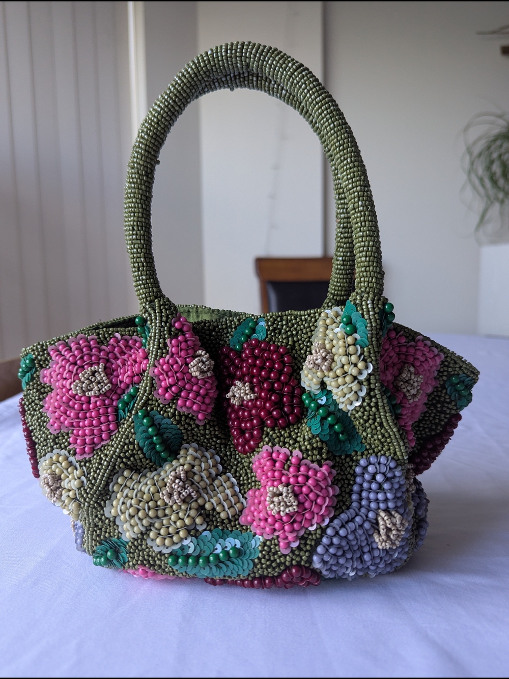 India Boutique Olive Green Beaded Floral Tote with Pink, Purple & Cream Accents